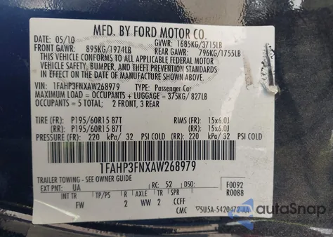 2010 Ford Focus Se z USA, uszkodzony, nr VIN 1FAHP3FNXAW268979